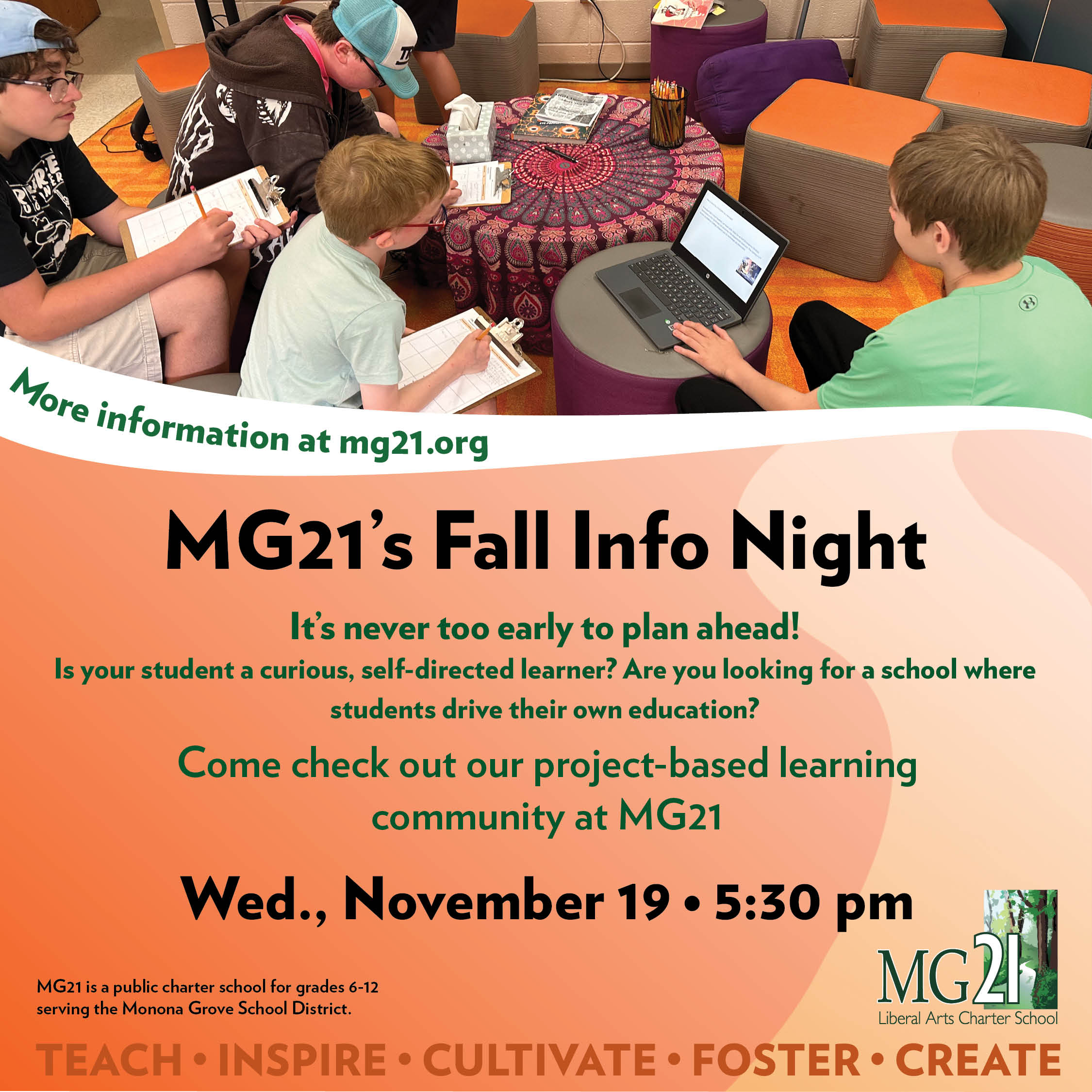 MG21's Fall Info Night 3, Wednesday, November 19th at 5:30pm