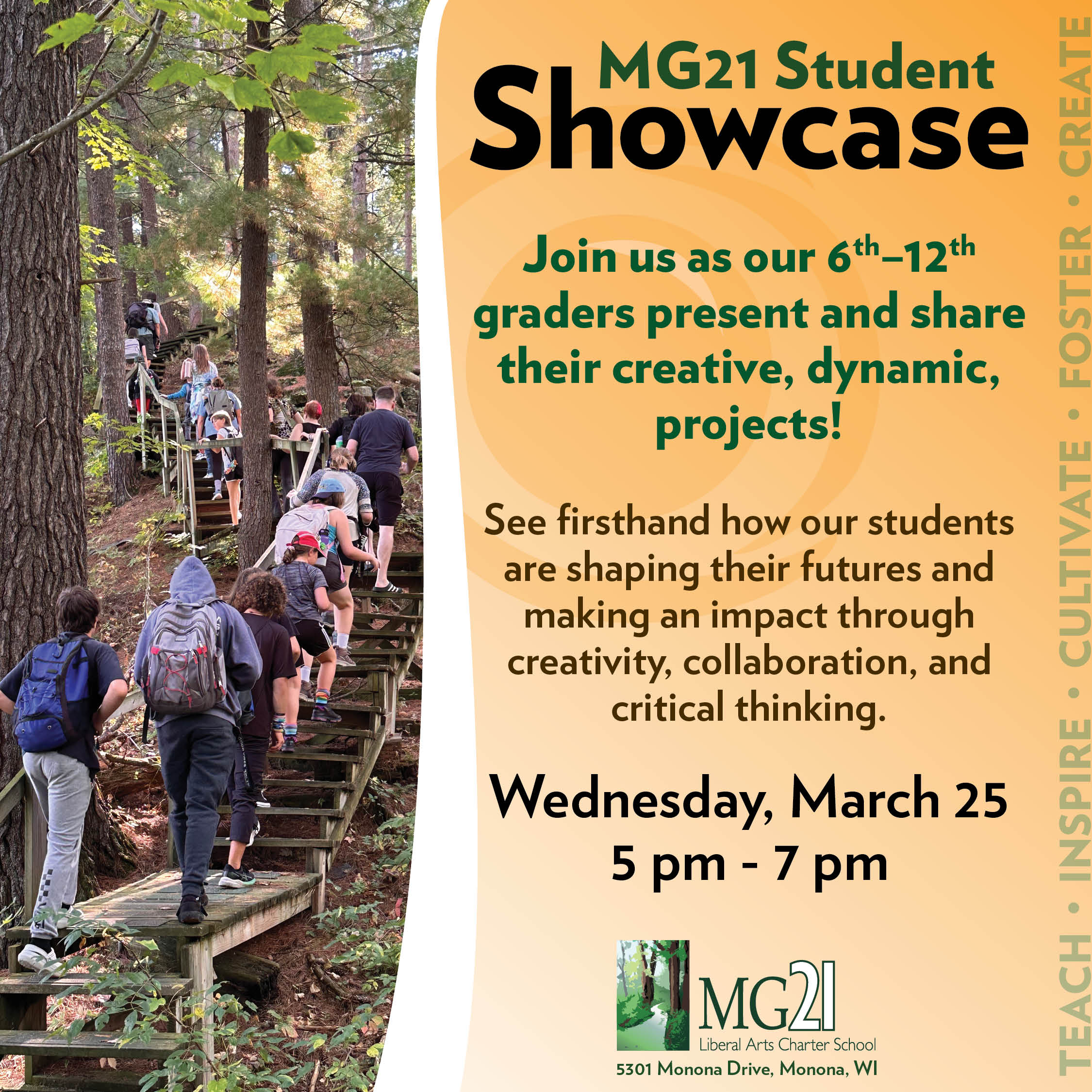 MG21 Student Showcase - Join us as our 6th through 12th graders present and share their creative, dynamic projects. See firsthand how our students are shaping their futures and making an impact through creativity, collaboration, and critical thinking. Wednesday, March 25th, 5 pm to 7 pm